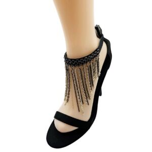 Nine West metal fringes open toe shoes in black.